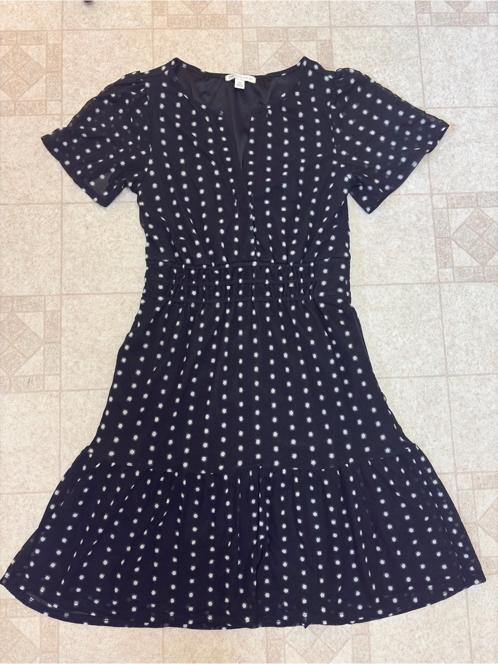 Cato Black White Patterned Smocked Tiered Flutter Sleeve Mini Dress Size Small